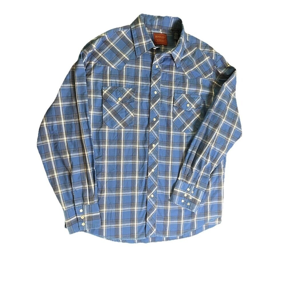Rustler Mens XL Tall  Plaid Western Shirt Snap Button Blue‎ Long Sleeve